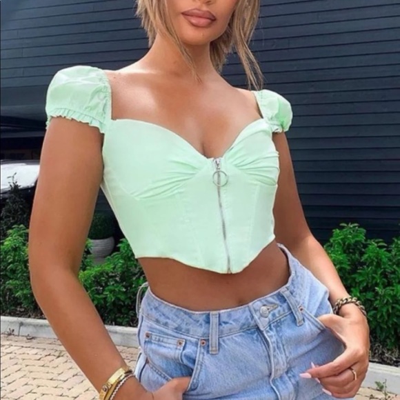 Norboe Tops - Norboe Boned Corset Short Sleeve  Puff Crop Top